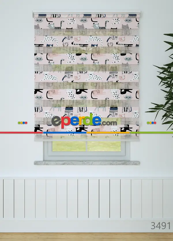 Pembe Gri Kedi Desenli Baskılı Zebra Perde