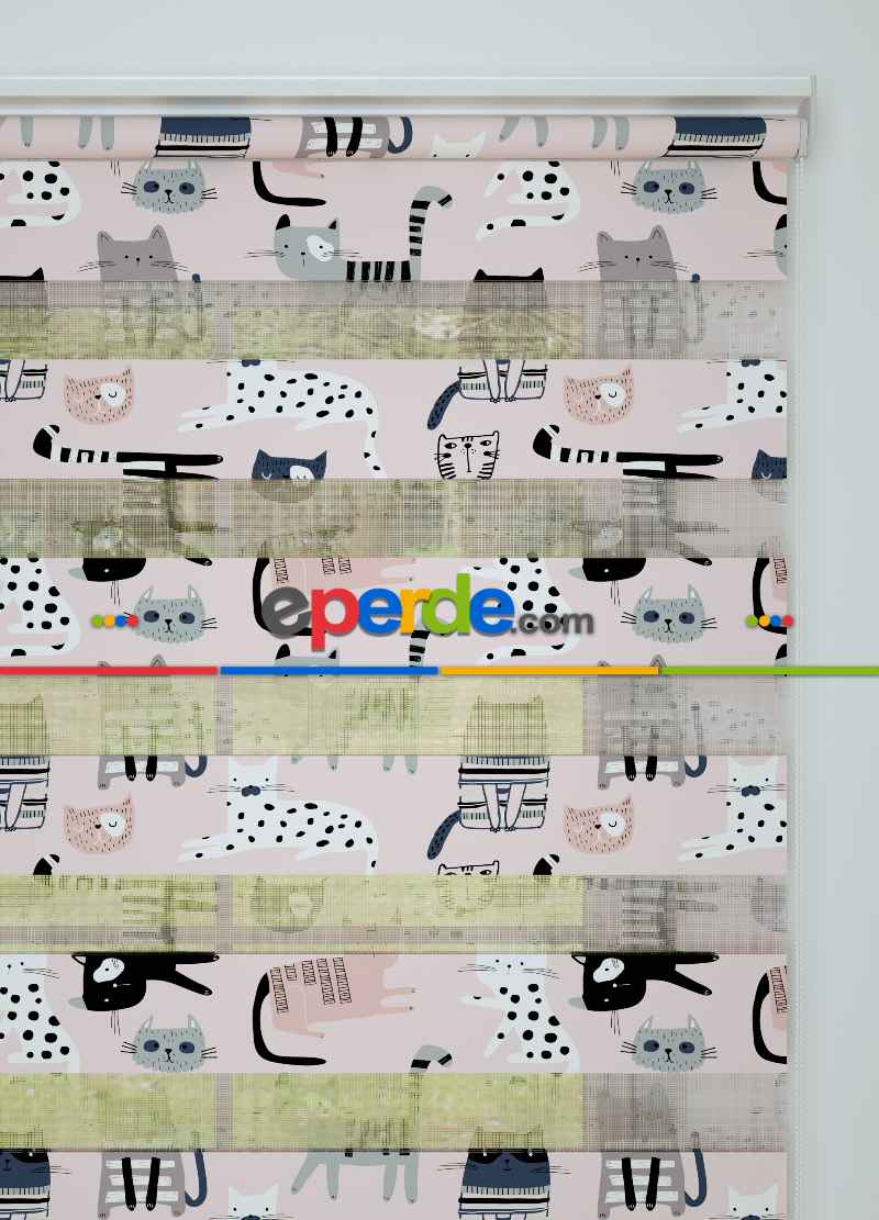 Çocuk Odası - Pembe Gri Kedi Desenli Baskılı Zebra Perde