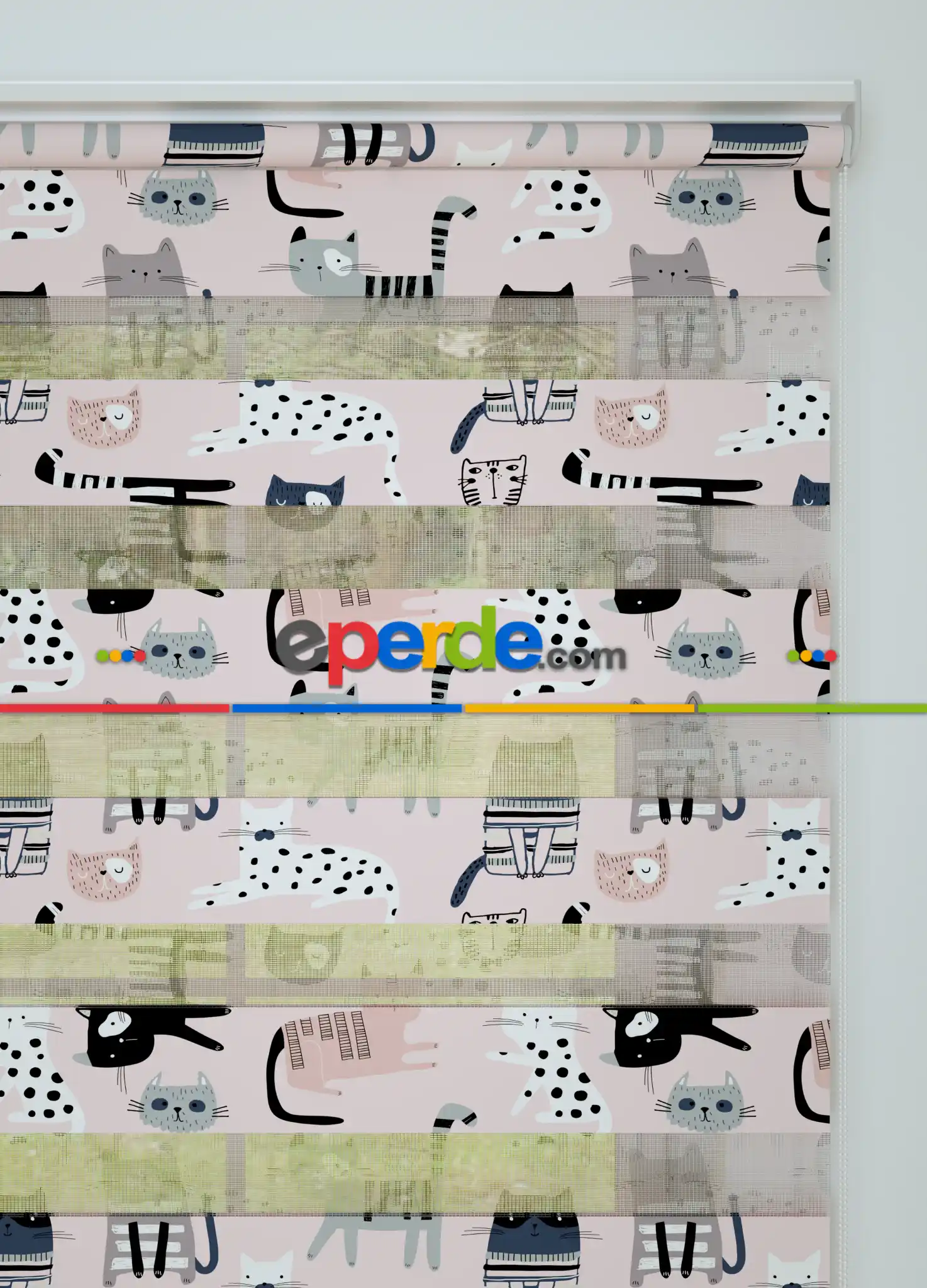 Pembe Gri Kedi Desenli Baskılı Zebra Perde