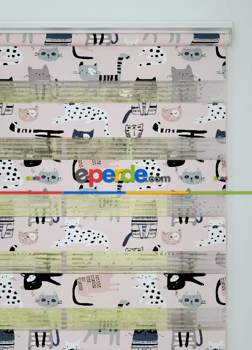 Pembe Gri Kedi Desenli Baskılı Zebra Perde