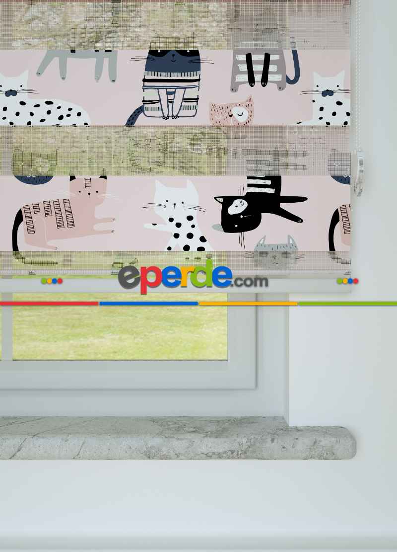 Çocuk Odası - Pembe Gri Kedi Desenli Baskılı Zebra Perde