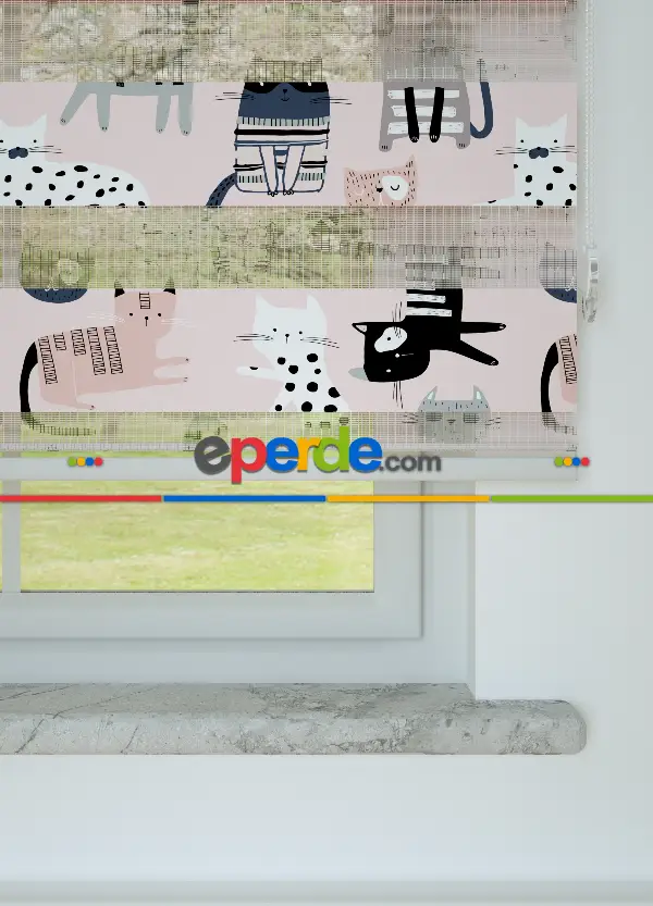 Pembe Gri Kedi Desenli Baskılı Zebra Perde