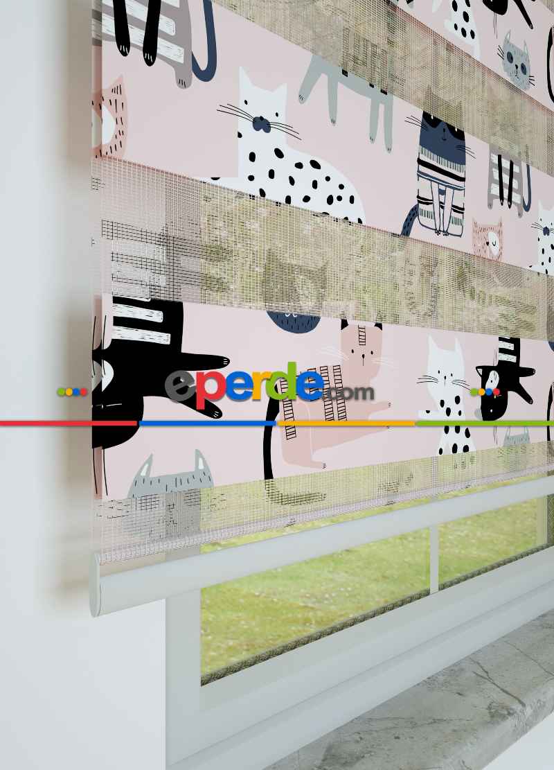 Çocuk Odası - Pembe Gri Kedi Desenli Baskılı Zebra Perde