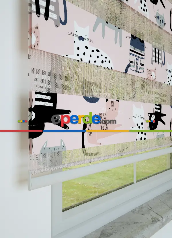 Pembe Gri Kedi Desenli Baskılı Zebra Perde