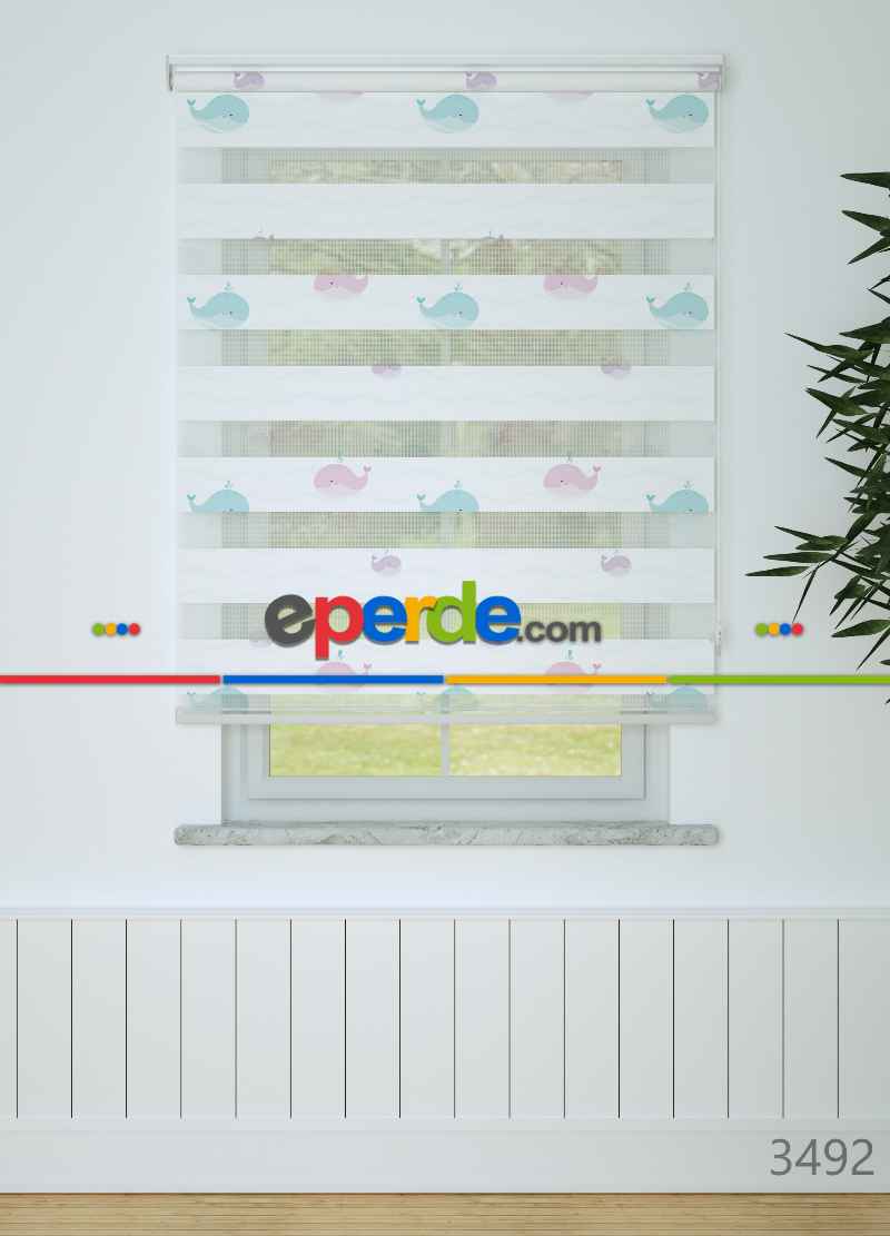 Bebek Odası - Mavi Pembe Balina Desenli Baskılı Zebra Perde