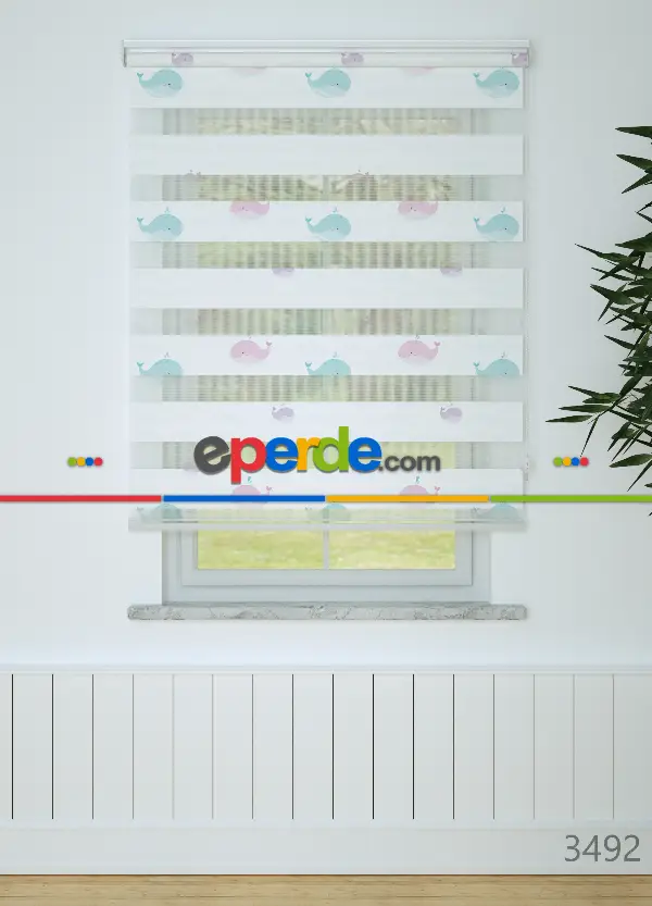 Bebek Odası - Mavi Pembe Balina Desenli Baskılı Zebra Perde