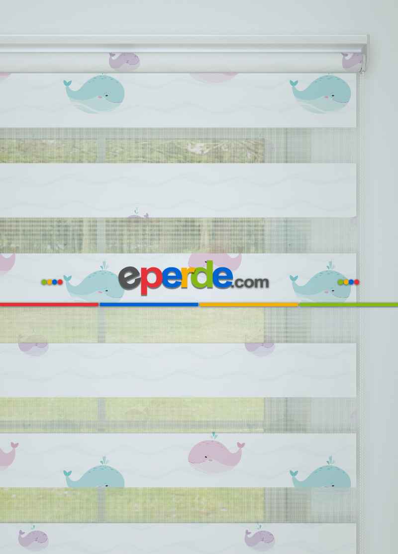 Bebek Odası - Mavi Pembe Balina Desenli Baskılı Zebra Perde
