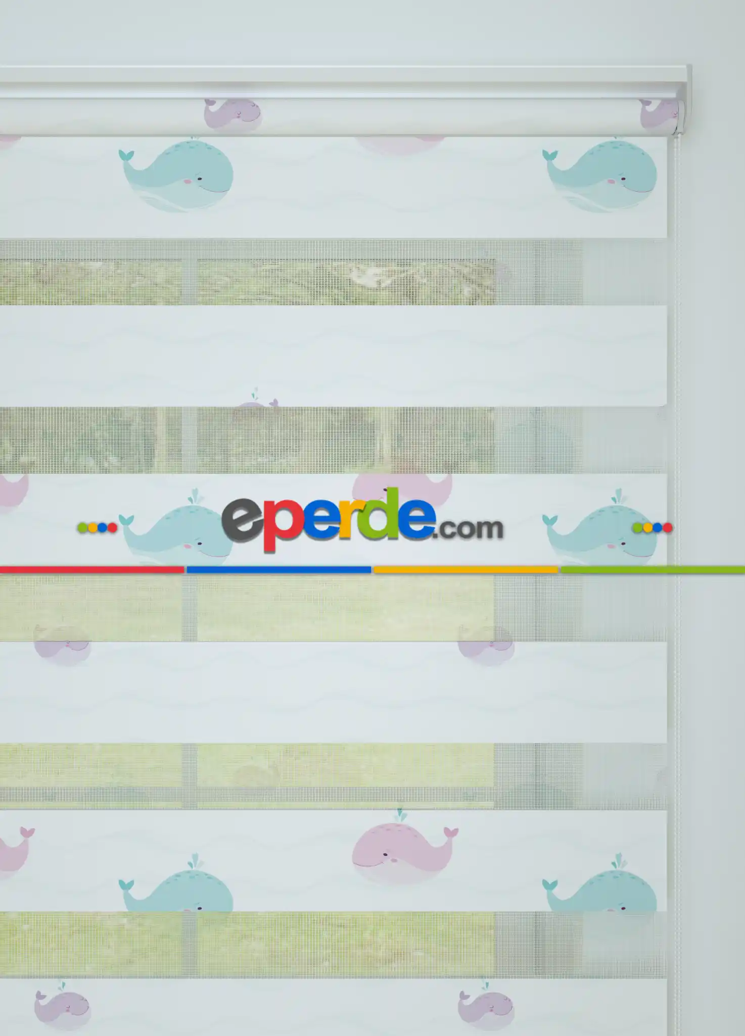 Bebek Odası - Mavi Pembe Balina Desenli Baskılı Zebra Perde