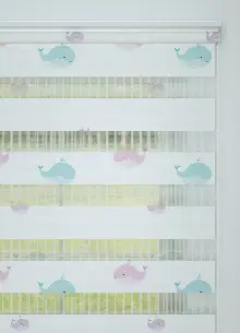 Bebek Odası - Mavi Pembe Balina Desenli Baskılı Zebra Perde