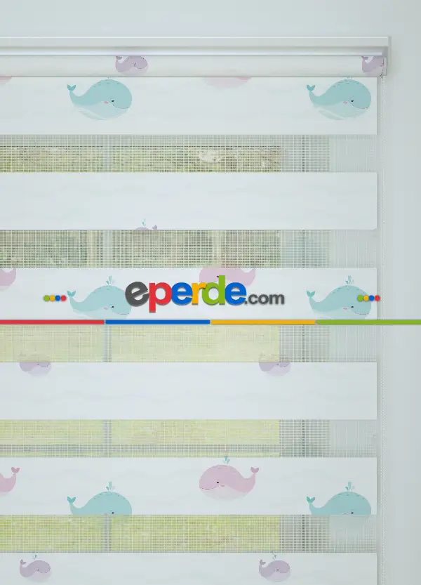 Bebek Odası - Mavi Pembe Balina Desenli Baskılı Zebra Perde