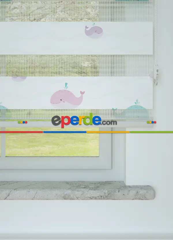 Bebek Odası - Mavi Pembe Balina Desenli Baskılı Zebra Perde