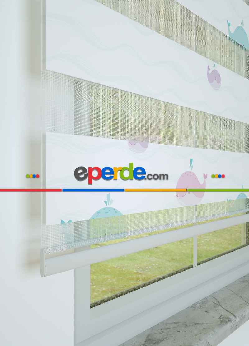 Bebek Odası - Mavi Pembe Balina Desenli Baskılı Zebra Perde