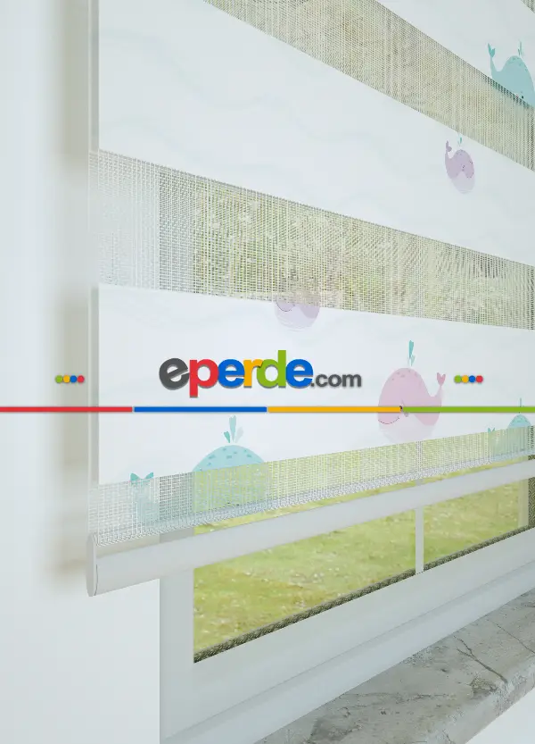 Bebek Odası - Mavi Pembe Balina Desenli Baskılı Zebra Perde