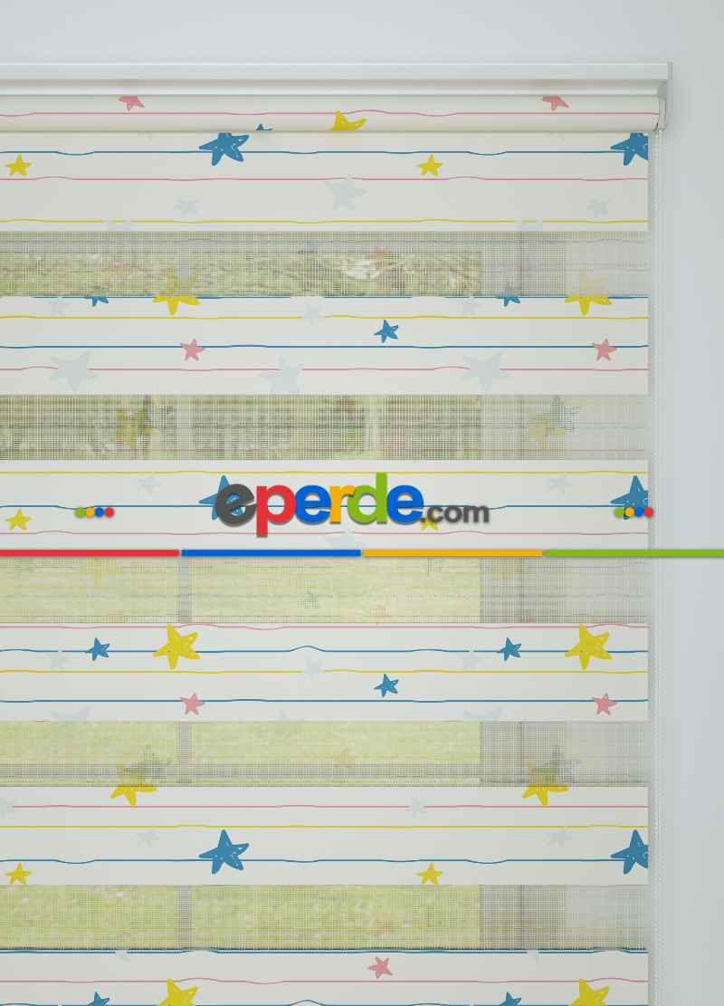 Bebek Odası - Mavi Sarı Yıldız Desenli Baskılı Zebra Perde