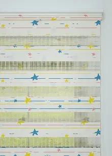 Bebek Odası - Mavi Sarı Yıldız Desenli Baskılı Zebra Perde