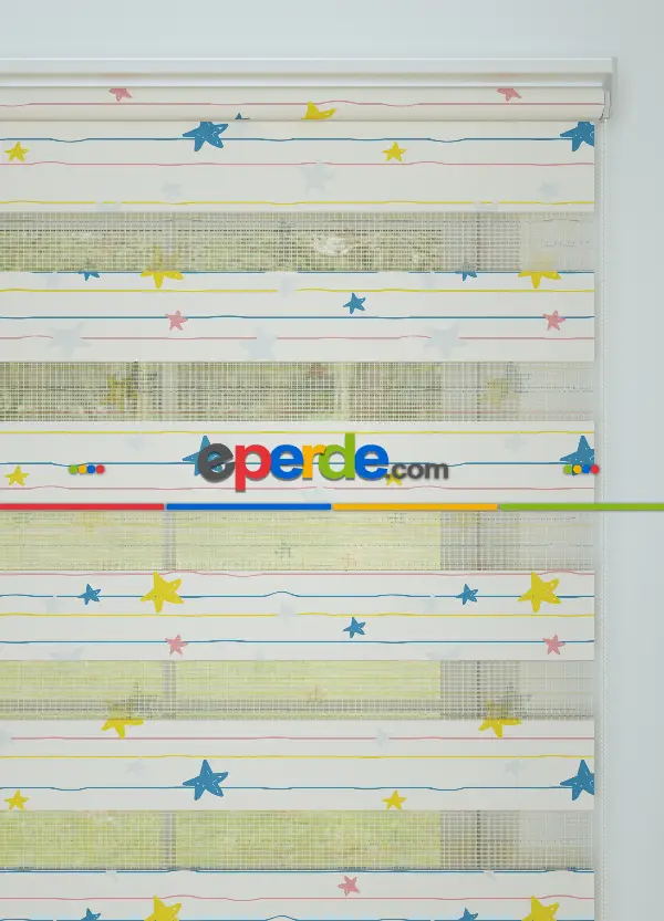 Bebek Odası - Mavi Sarı Yıldız Desenli Baskılı Zebra Perde