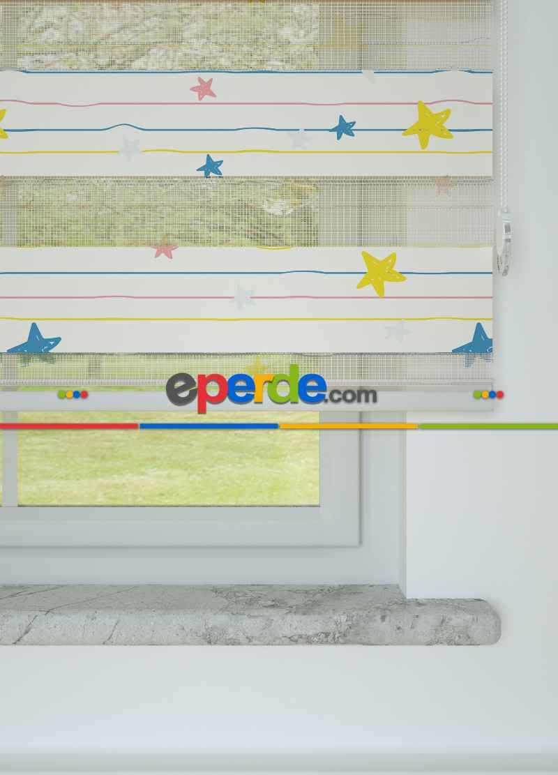 Bebek Odası - Mavi Sarı Yıldız Desenli Baskılı Zebra Perde