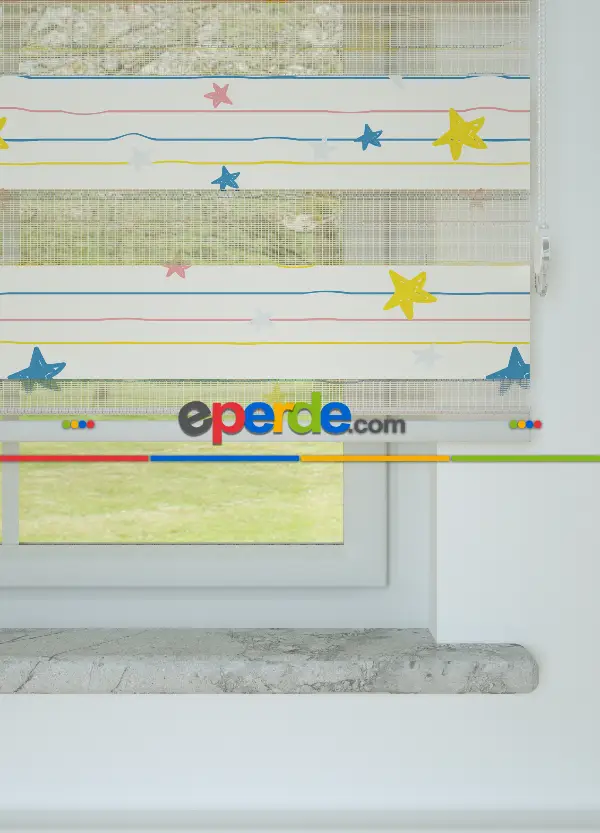 Bebek Odası - Mavi Sarı Yıldız Desenli Baskılı Zebra Perde