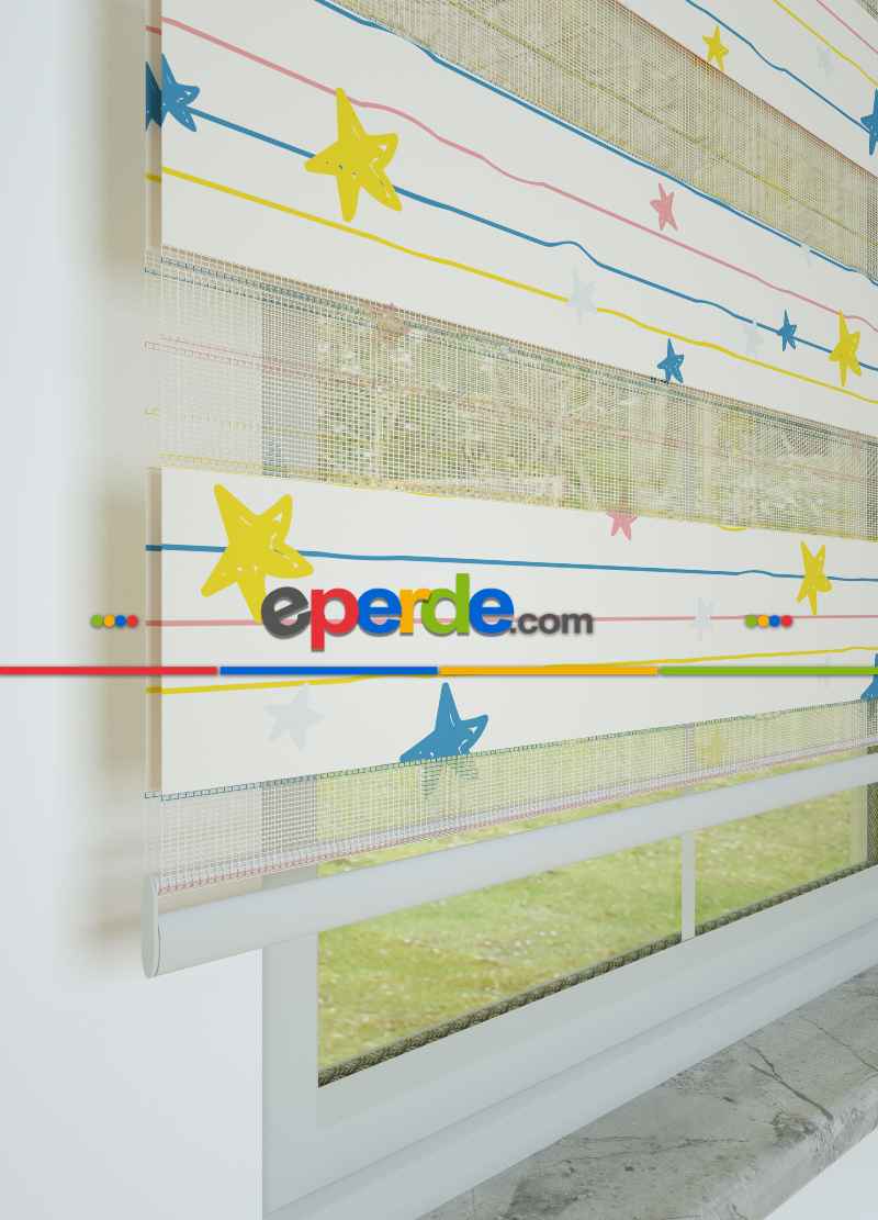 Bebek Odası - Mavi Sarı Yıldız Desenli Baskılı Zebra Perde