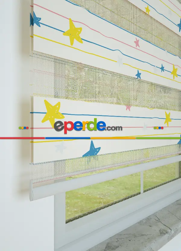 Bebek Odası - Mavi Sarı Yıldız Desenli Baskılı Zebra Perde