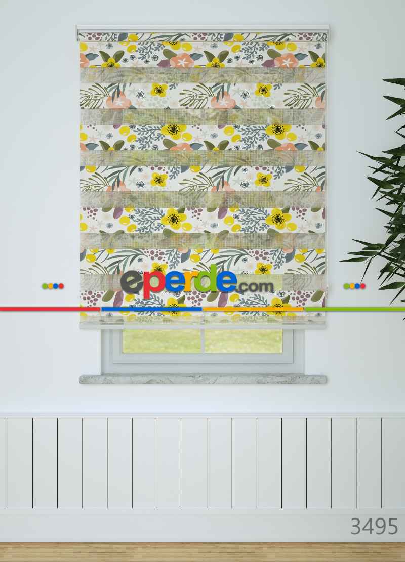Sarı Yeşil Çiçek Desenli Baskılı Zebra Perde