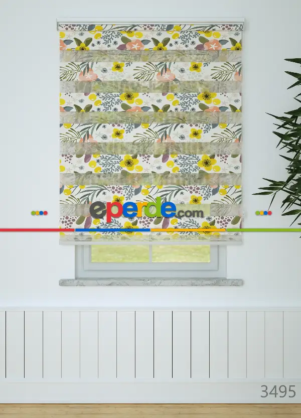 Çocuk Odası - Sarı Yeşil Çiçek Desenli Baskılı Zebra Perde