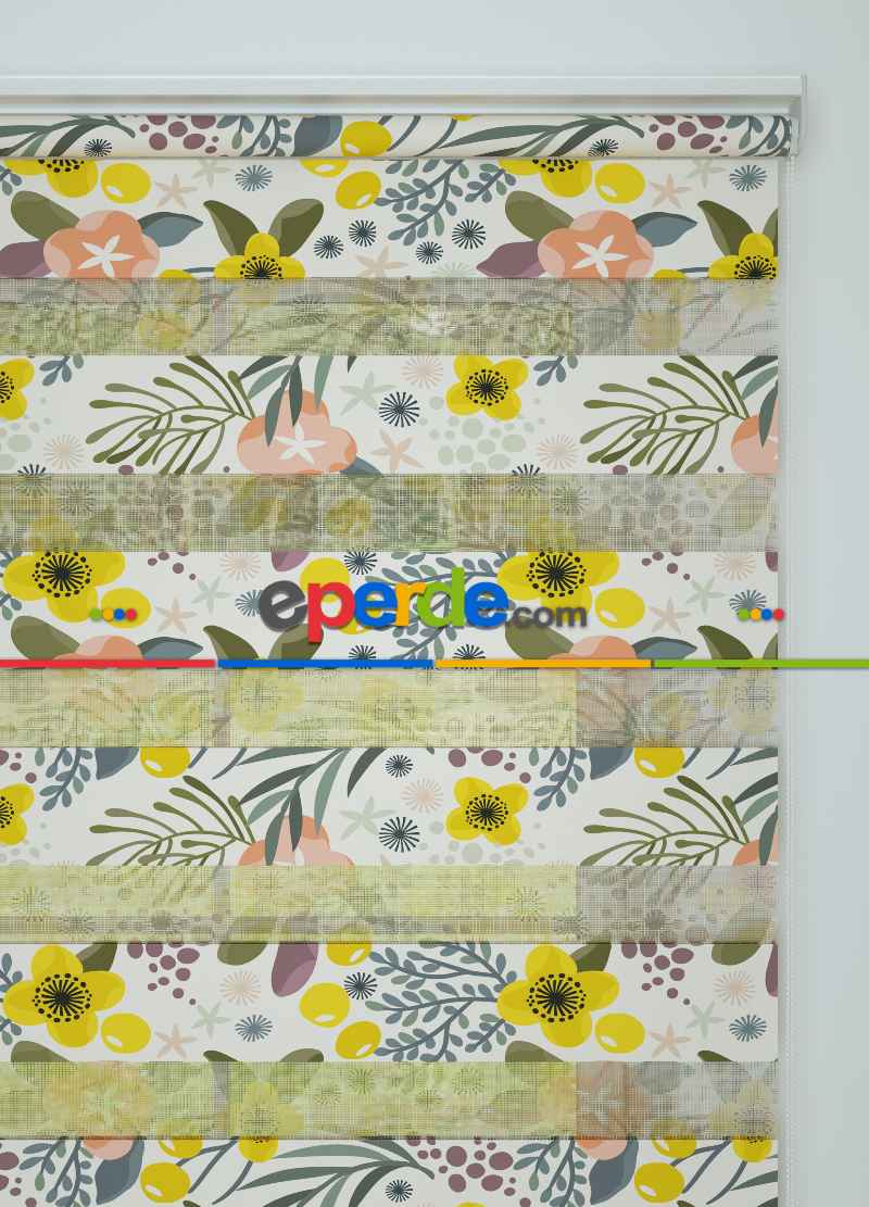 Sarı Yeşil Çiçek Desenli Baskılı Zebra Perde