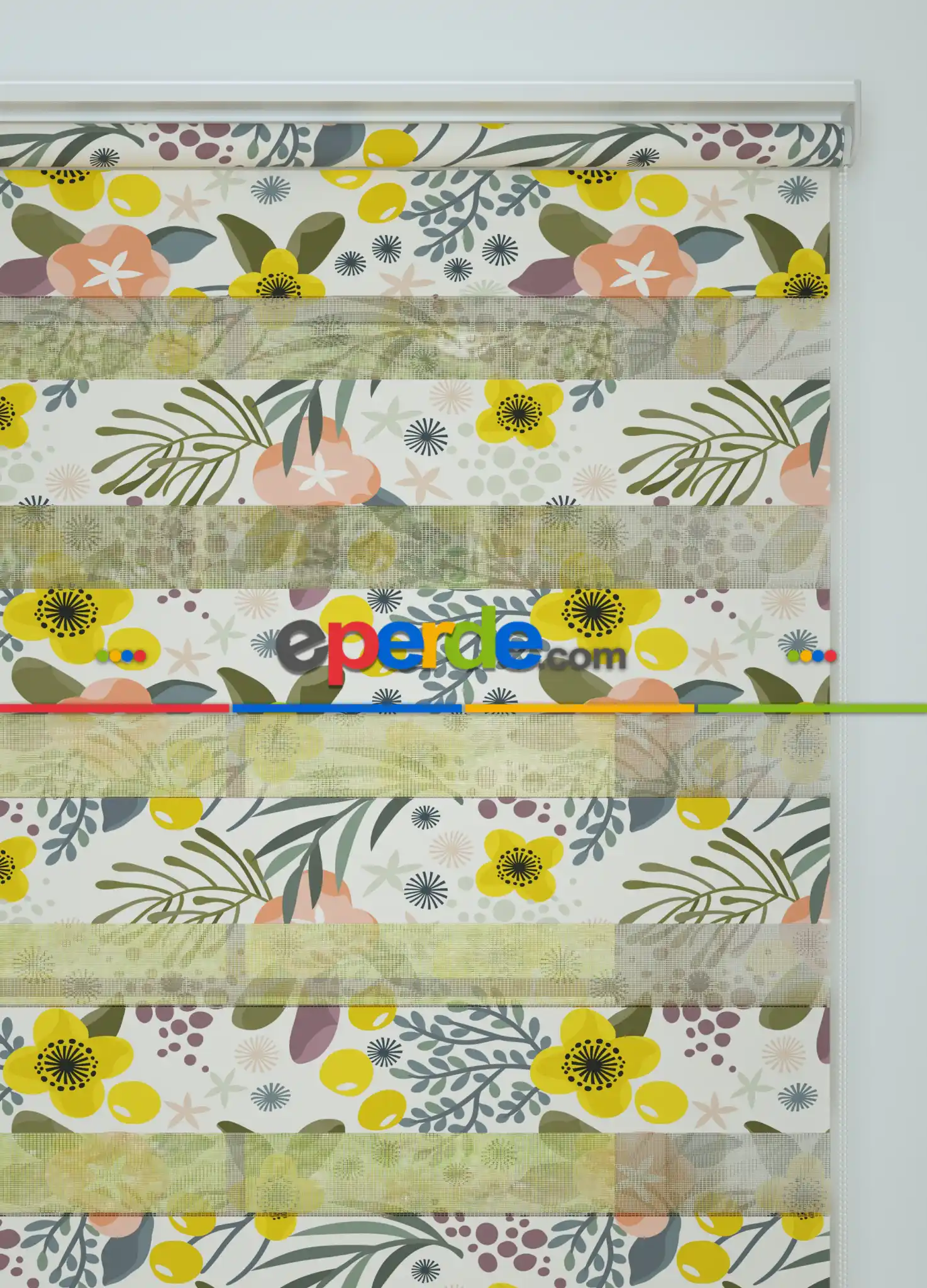 Sarı Yeşil Çiçek Desenli Baskılı Zebra Perde