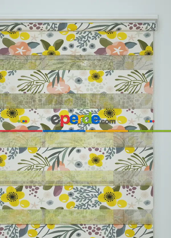 Çocuk Odası - Sarı Yeşil Çiçek Desenli Baskılı Zebra Perde