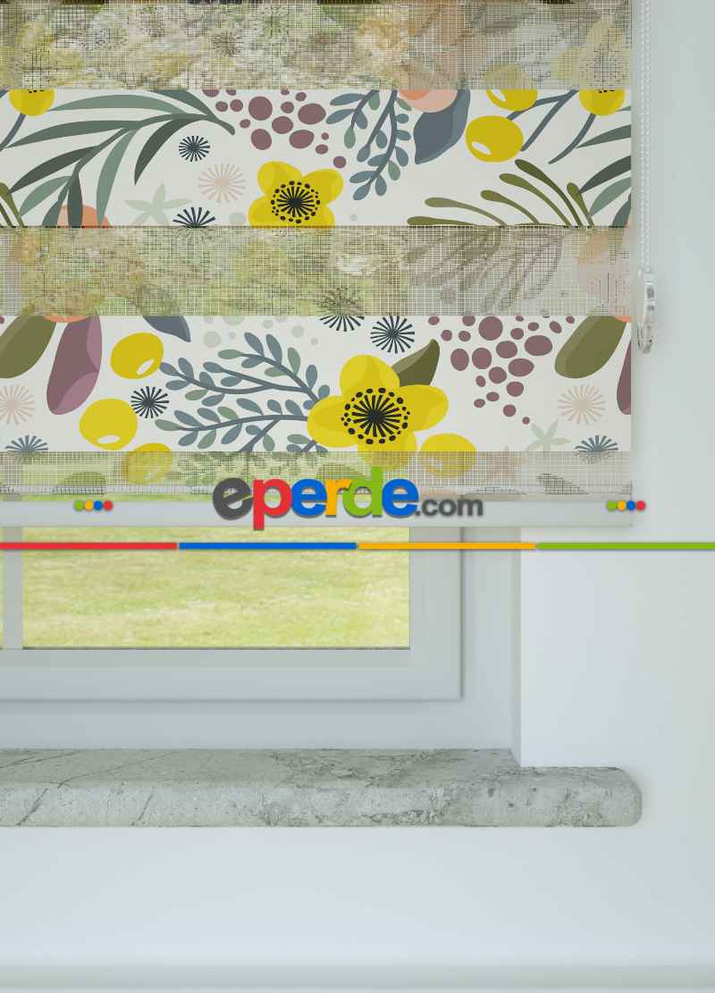 Sarı Yeşil Çiçek Desenli Baskılı Zebra Perde