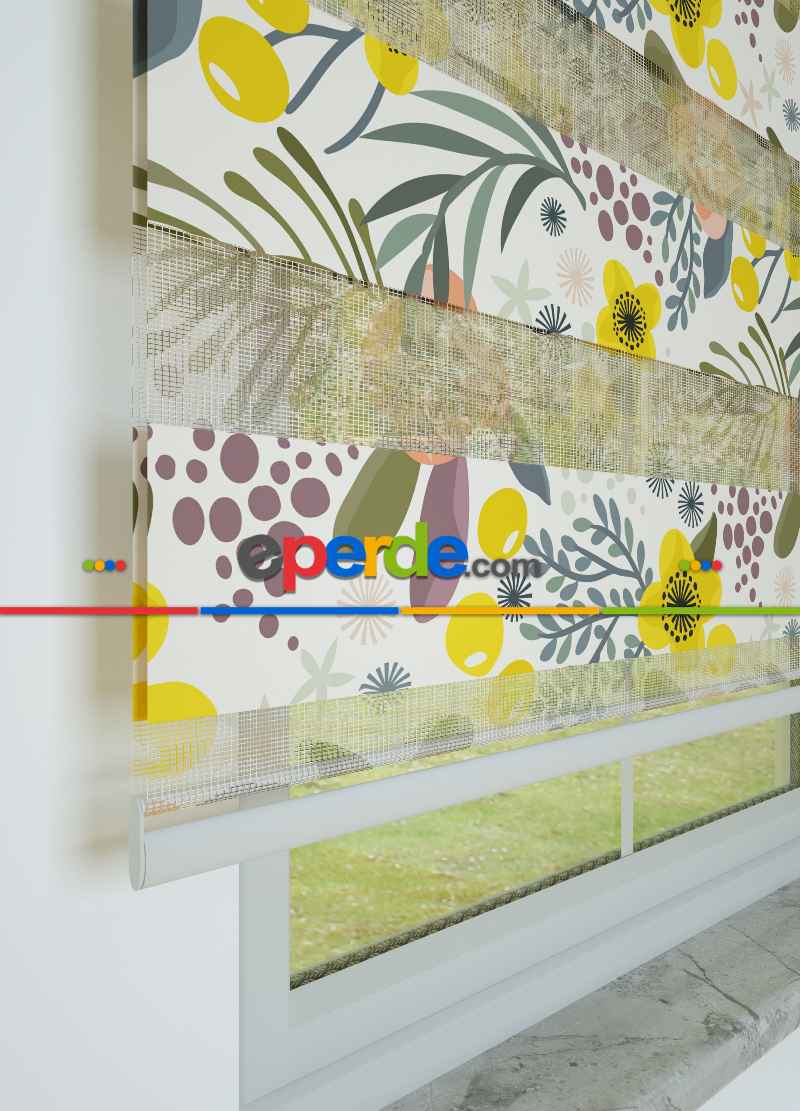 Sarı Yeşil Çiçek Desenli Baskılı Zebra Perde