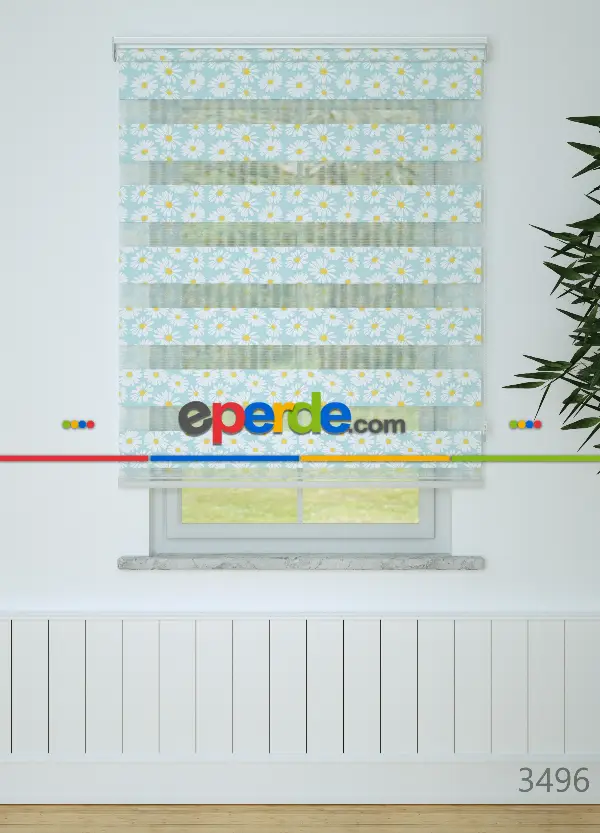 Mavi Sarı Papatya Desenli Baskılı Zebra Perde