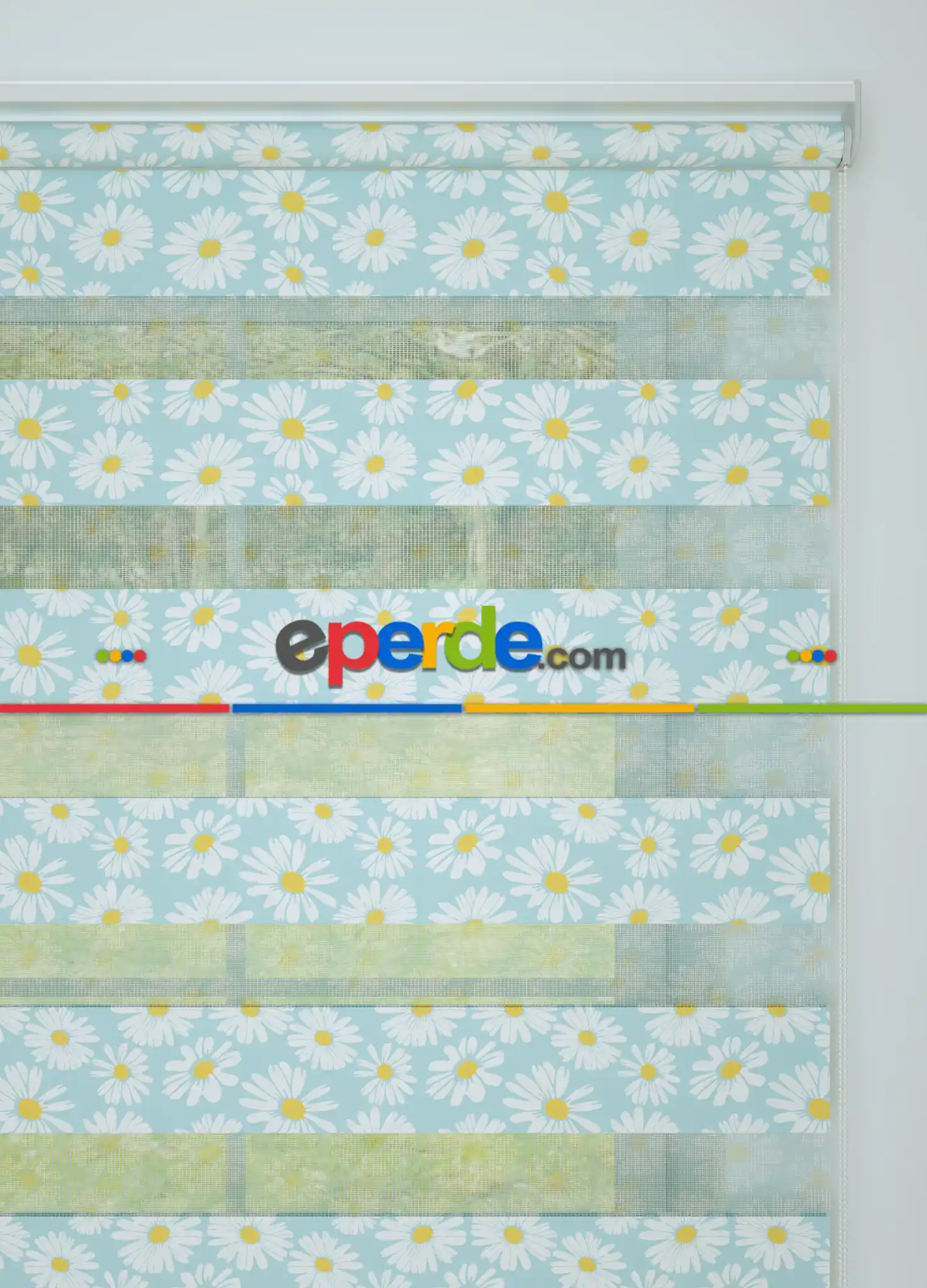 Mavi Sarı Papatya Desenli Baskılı Zebra Perde