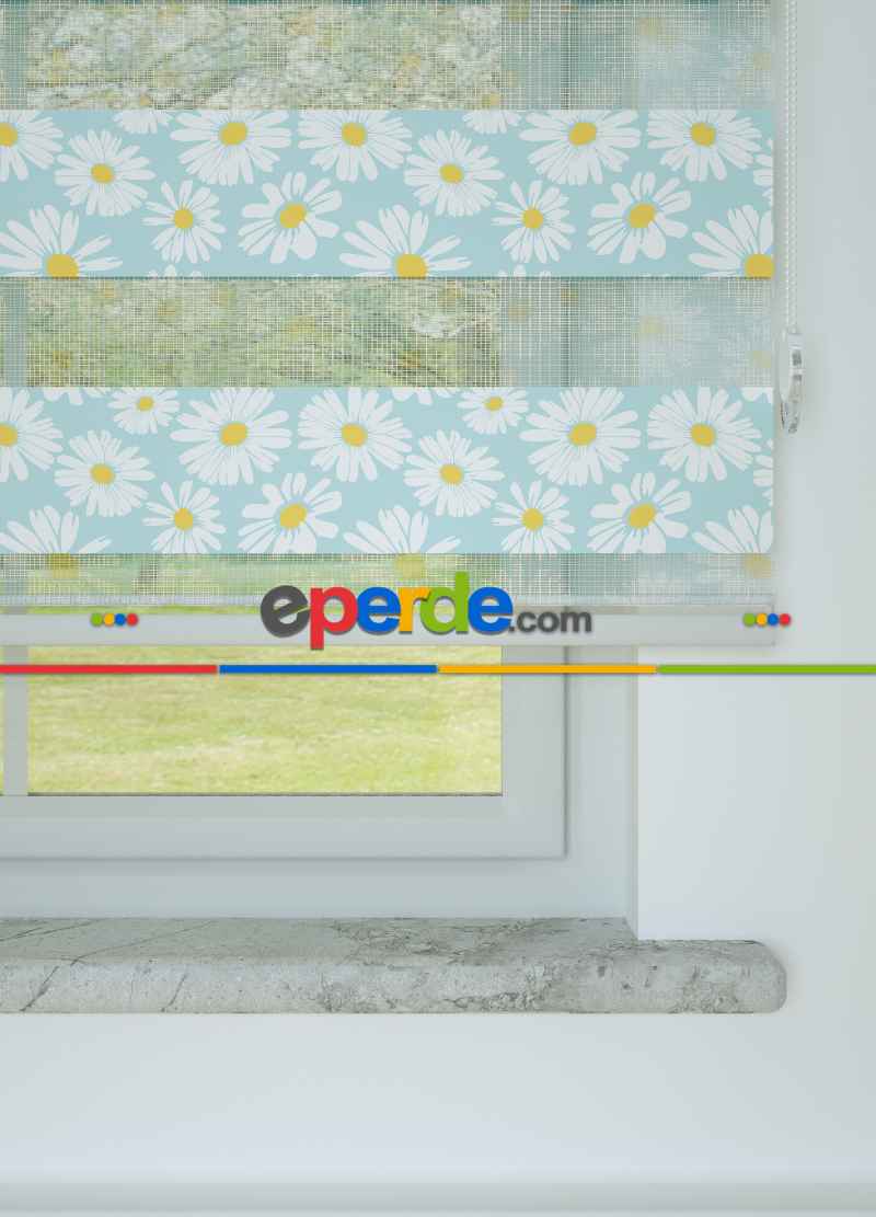 Mavi Sarı Papatya Desenli Baskılı Zebra Perde