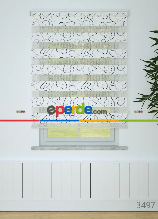 Bebek Odası - Lacivert Zincir Desenli Baskılı Zebra Perde