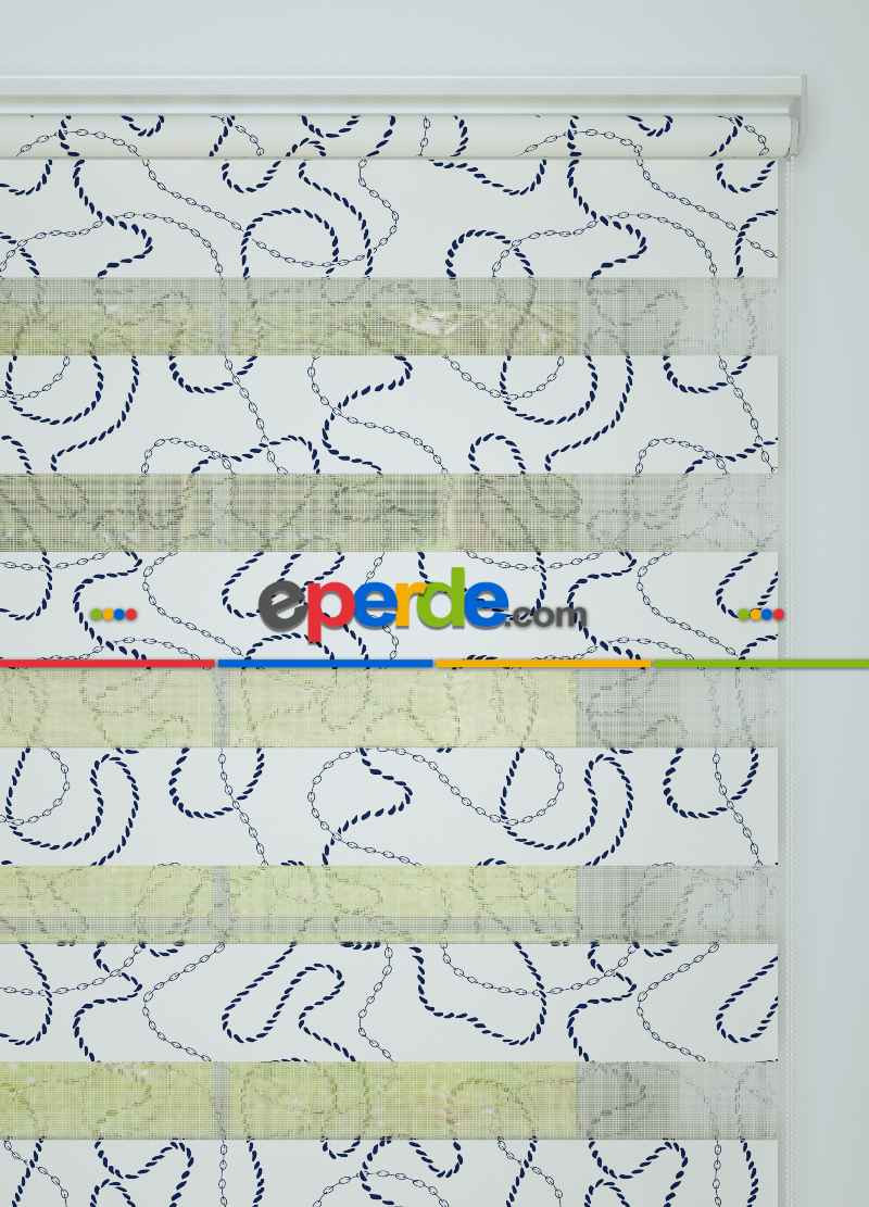 Lacivert Desenli Baskılı Zebra Perde