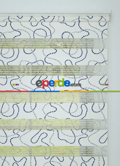 Lacivert Zincir Desenli Baskılı Zebra Perde