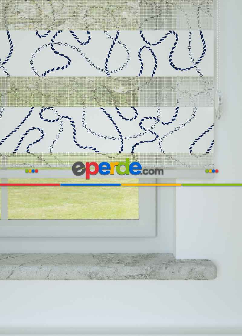 Lacivert Desenli Baskılı Zebra Perde