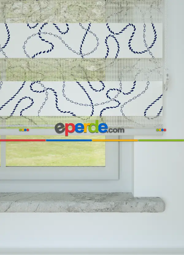 Bebek Odası - Lacivert Zincir Desenli Baskılı Zebra Perde