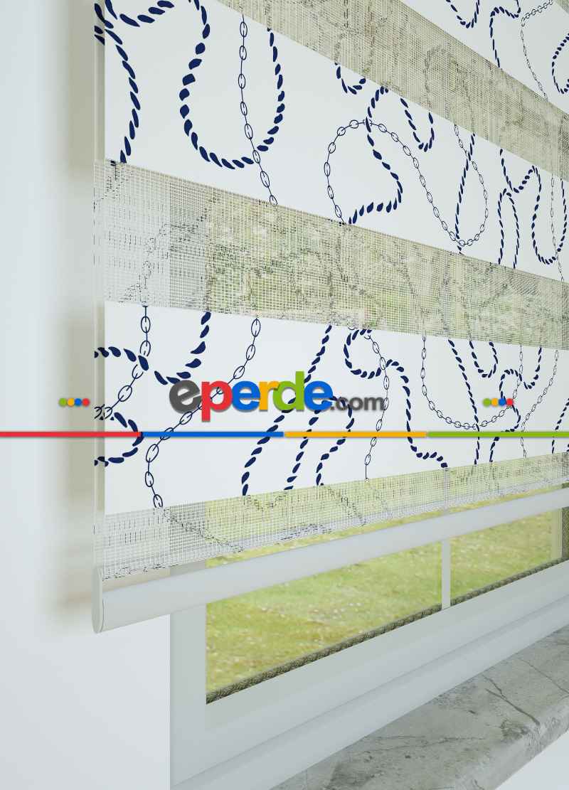 Lacivert Desenli Baskılı Zebra Perde