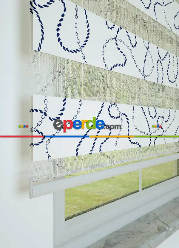 Bebek Odası - Lacivert Zincir Desenli Baskılı Zebra Perde