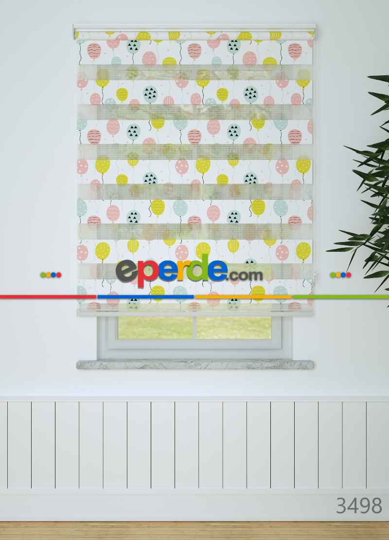 Bebek Odası - Pembe Mint Balon Desenli Baskılı Zebra Perde