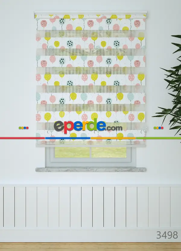 Bebek Odası - Pembe Mint Balon Desenli Baskılı Zebra Perde