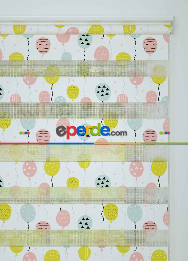 Bebek Odası - Pembe Mint Balon Desenli Baskılı Zebra Perde