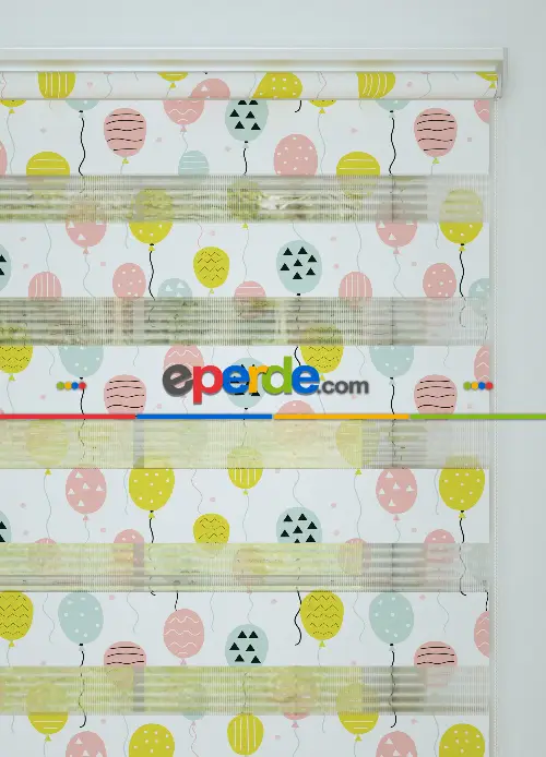 Pembe Mint Balon Desenli Baskılı Zebra Perde