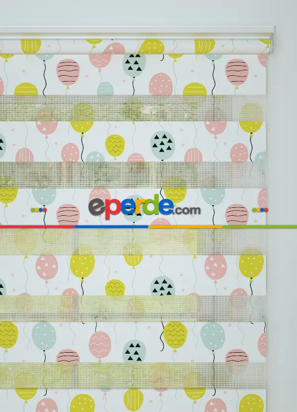 Bebek Odası - Pembe Mint Balon Desenli Baskılı Zebra Perde
