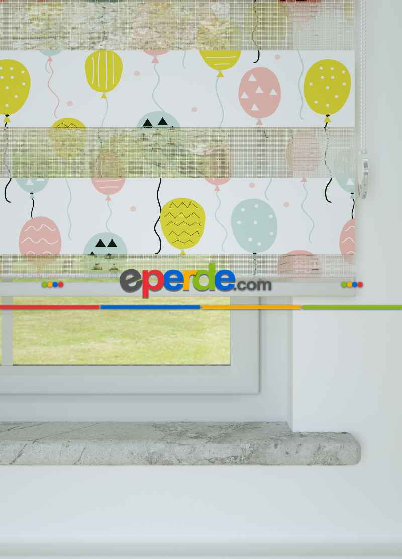 Bebek Odası - Pembe Mint Balon Desenli Baskılı Zebra Perde