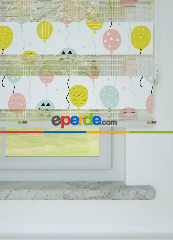 Bebek Odası - Pembe Mint Balon Desenli Baskılı Zebra Perde