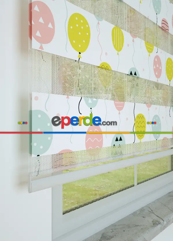 Bebek Odası - Pembe Mint Balon Desenli Baskılı Zebra Perde