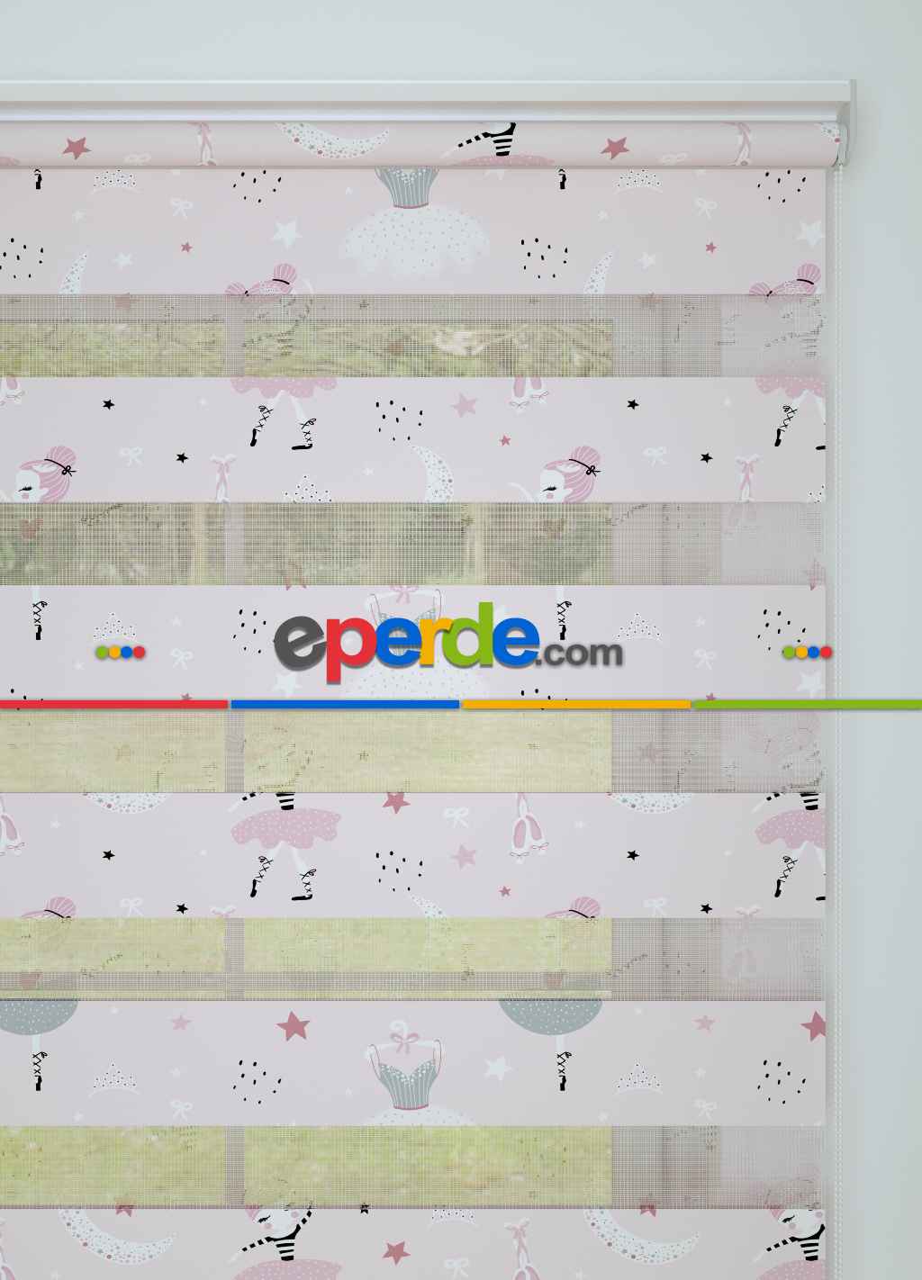 Çocuk Odası - Pembe Balerin Desenli Baskılı Zebra Perde